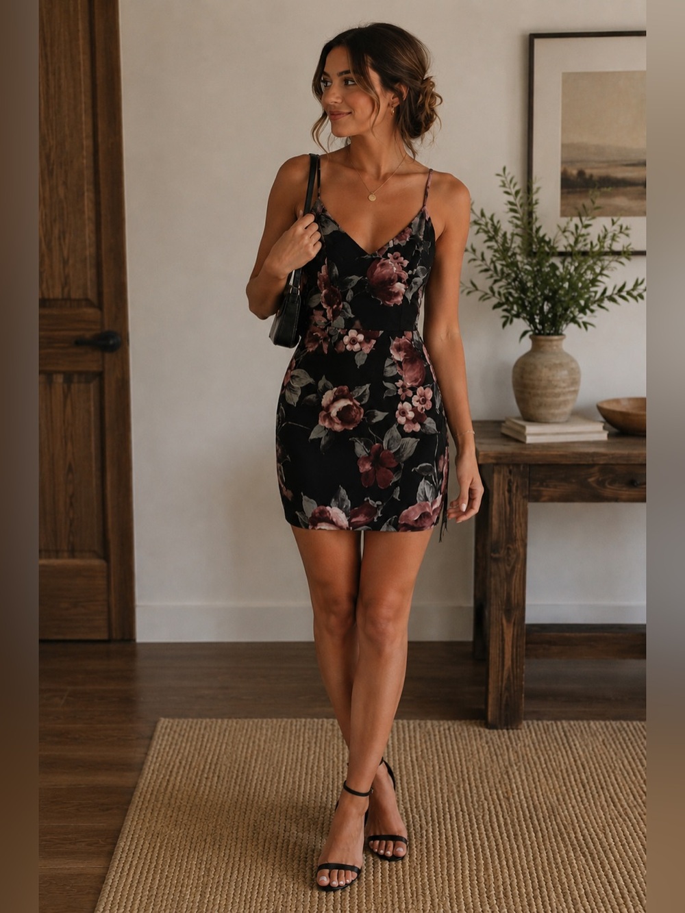 Eclipse Black and Pink Floral Midi Dress